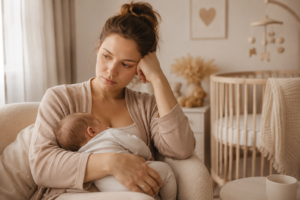 Mama po porodzie trzymająca noworodka i odczuwająca emocjonalny dystans wobec dziecka